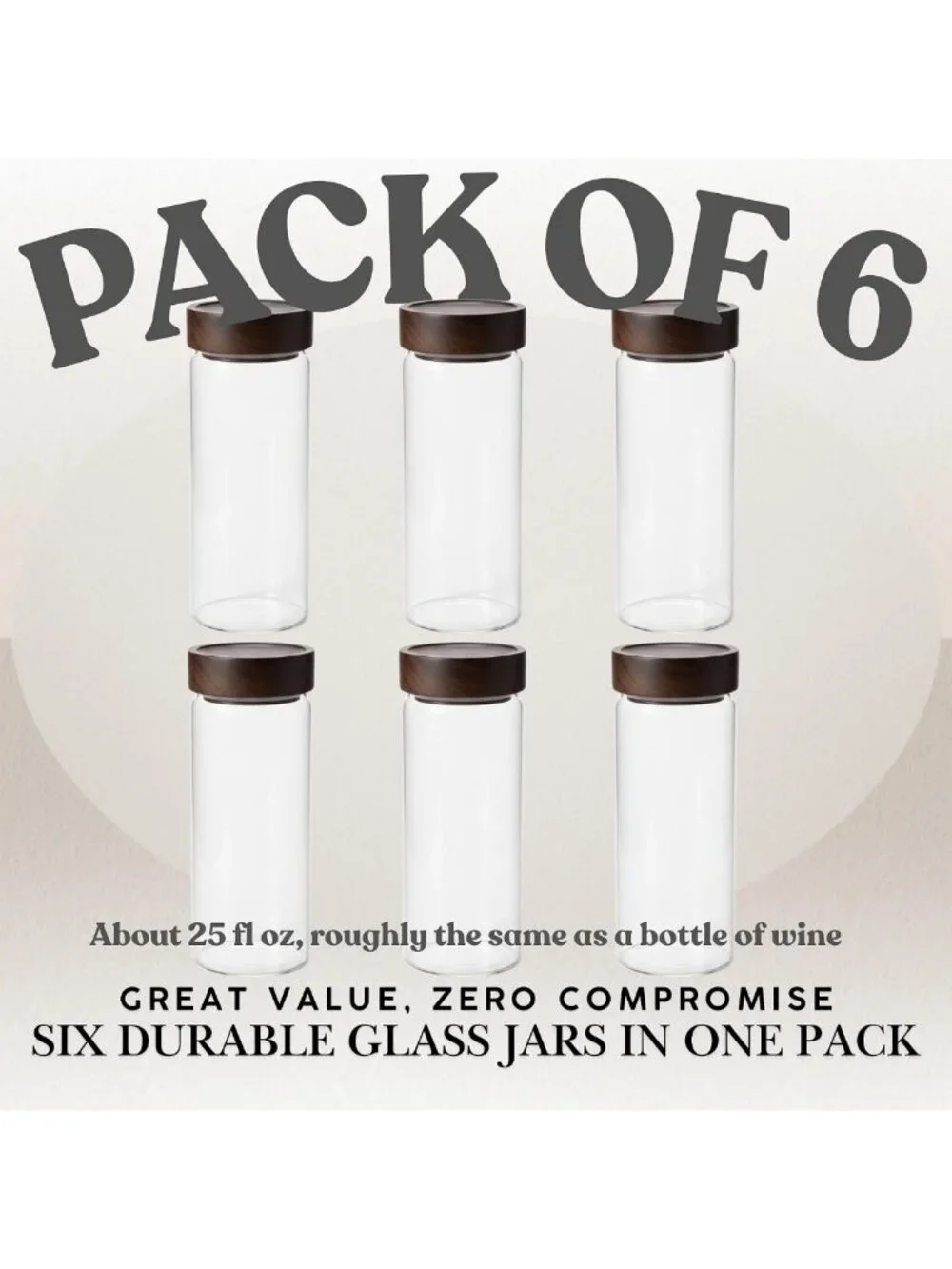 Wide Mouth Glass Storage Jars with Acacia Wood Lids - 6 Pack Airtight Food